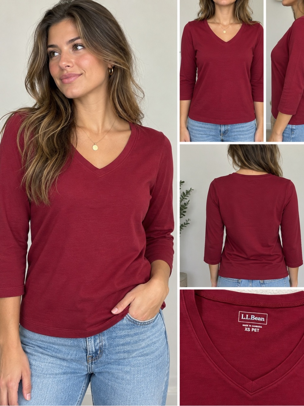 L.L. Bean Women's V-Neck 3/4 Sleeve Tee in Burgundy